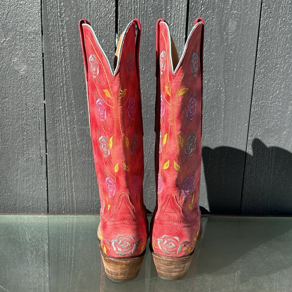 Lucchese Classic Western Cowboy Boots Size 8 Red Embroidered Floral Handmade USA - Picture 5 of 12
